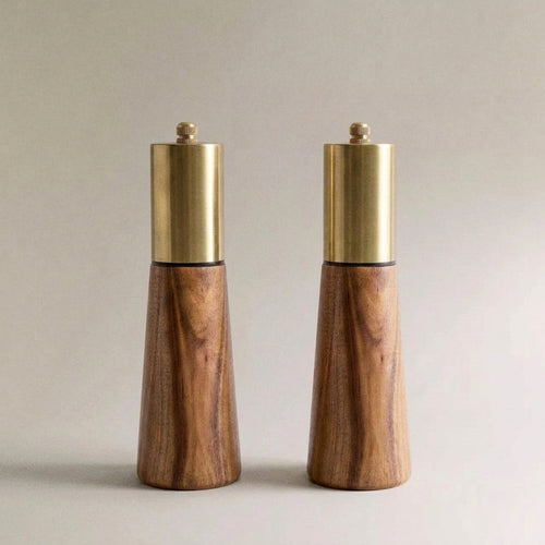 Acacia Wood Mill & Shaker Set | Brass Detail