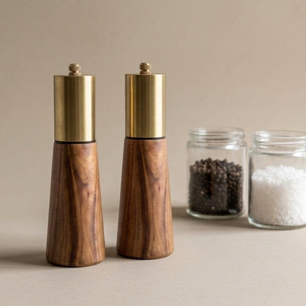 Acacia Wood Mill & Shaker Set | Brass Detail - View 3
