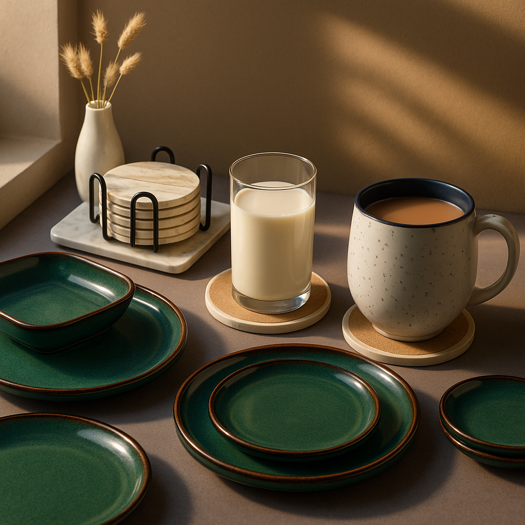 Marble Effect Ceramic Coaster Set – 6pcs with Holder, 10.2cm Drink Coasters for Table Protection — image 5
