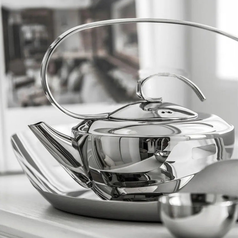 Stainless Steel Tea Set – Teapot, Cups & Tray - Petal Collection - View 2