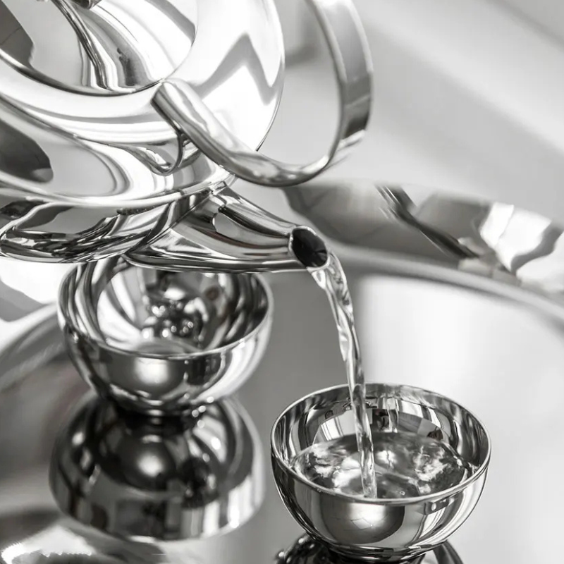 Stainless Steel Tea Set – Teapot, Cups & Tray - Petal Collection - View 5