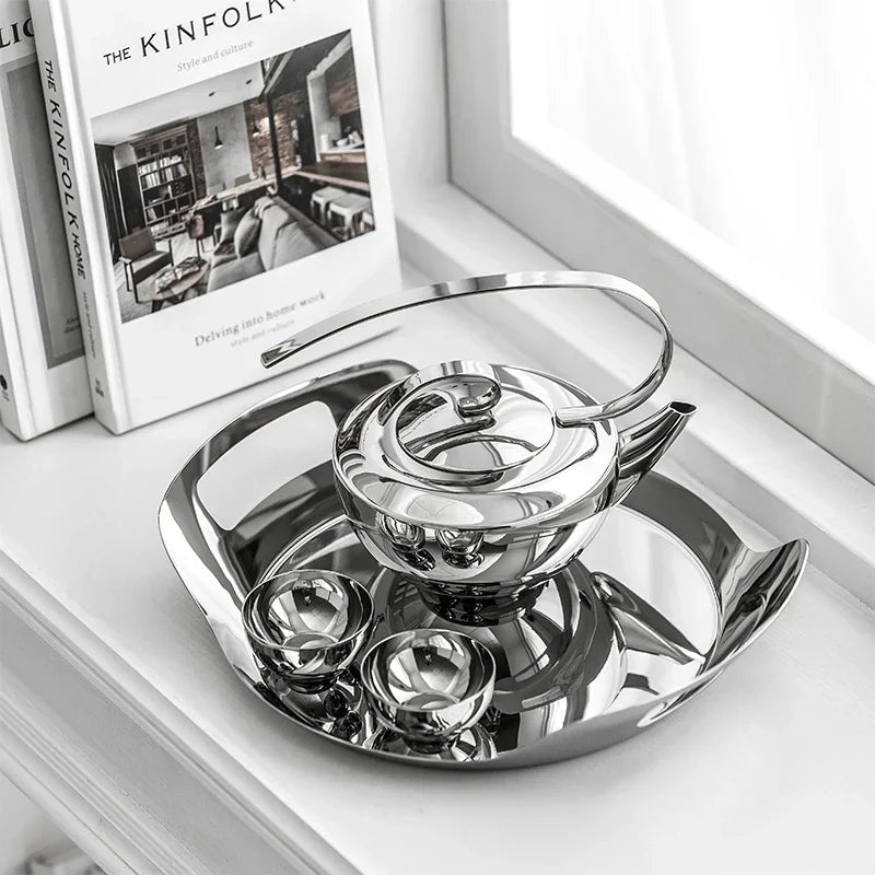 Stainless Steel Tea Set – Teapot, Cups & Tray - Petal Collection