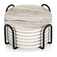 Marble Effect Ceramic Coaster Set – 6pcs with Holder, 10.2cm Drink Coasters for Table Protection thumbnail 1