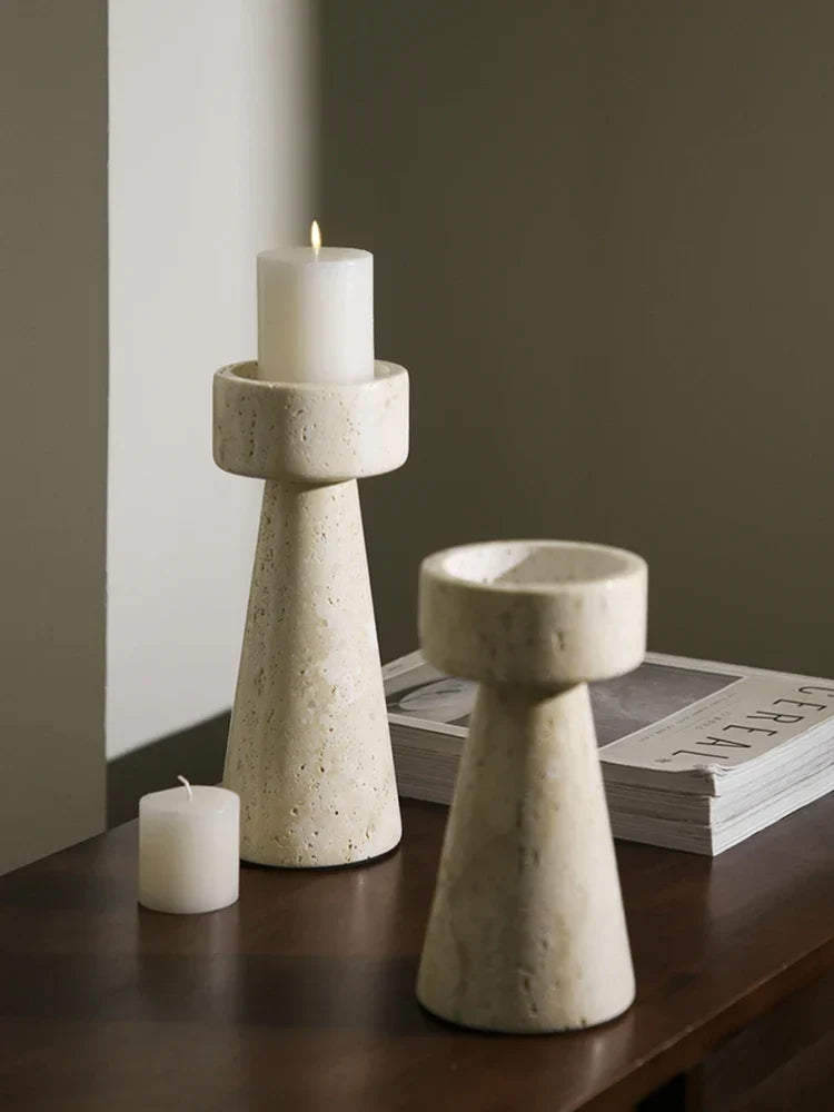 Minimalist Marble Candle Holder – Travertine Stone Taper Candlestick — image 3